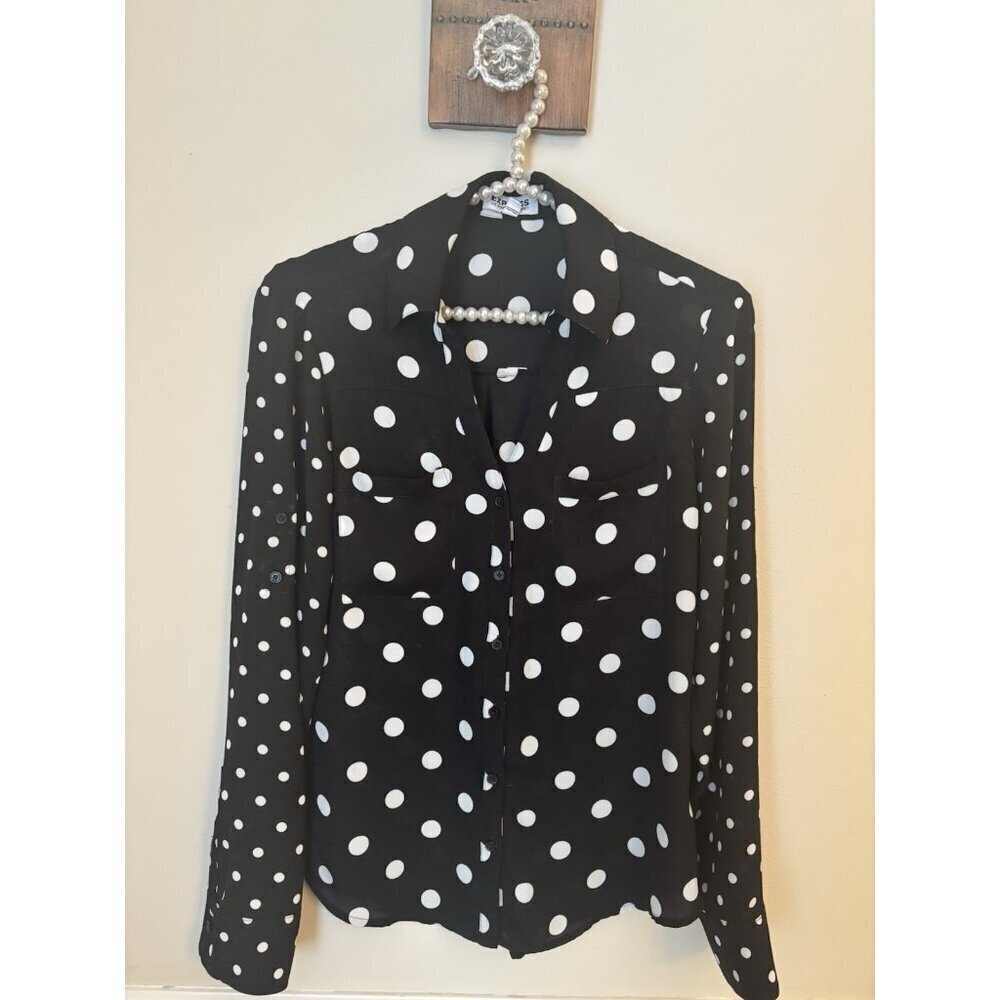 Express Womens Size XS Portofino Shirt Black White Polka Dot Long Sleeve